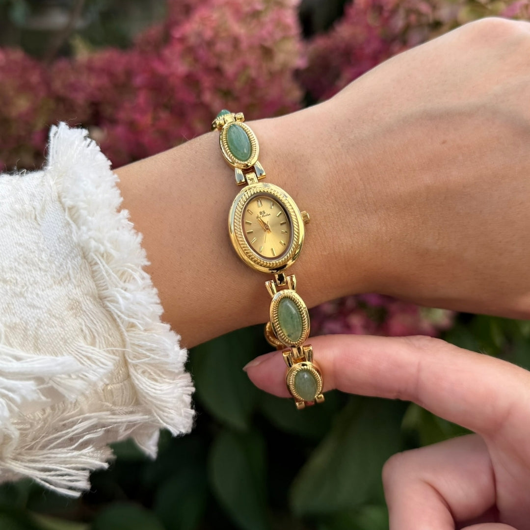 Gold Watch with Natural Jade