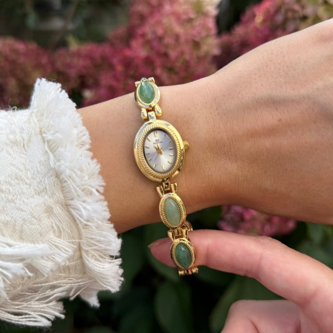 Gold Watch with Natural Jade