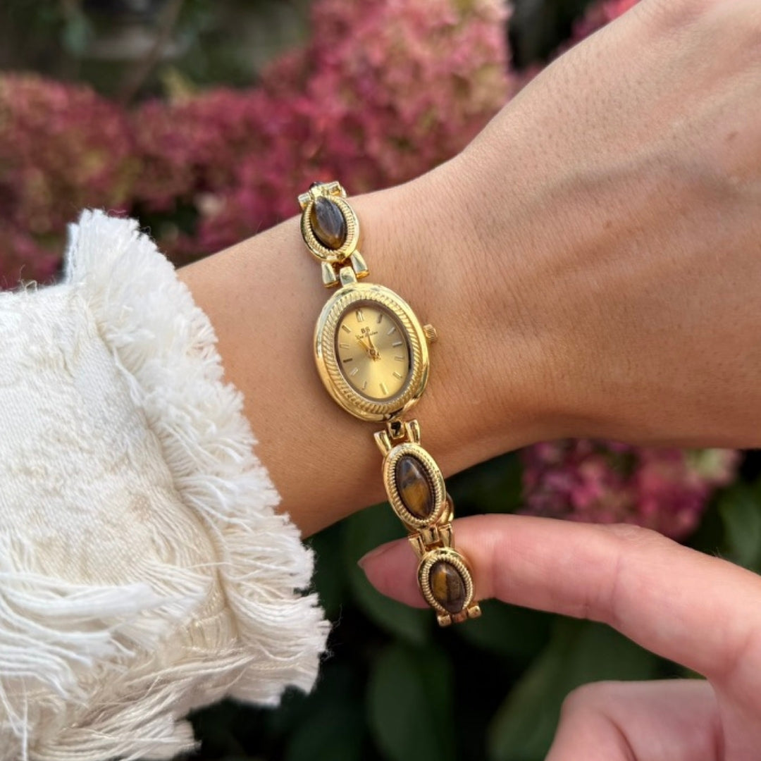 Gold Watch with Natural Tiger Eye