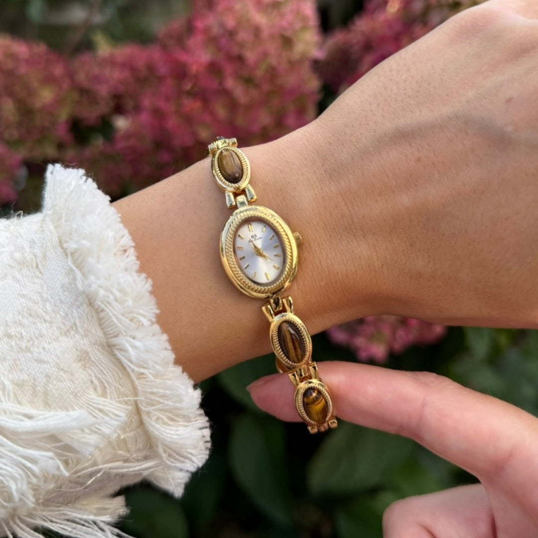 Gold Watch with Natural Tiger Eye