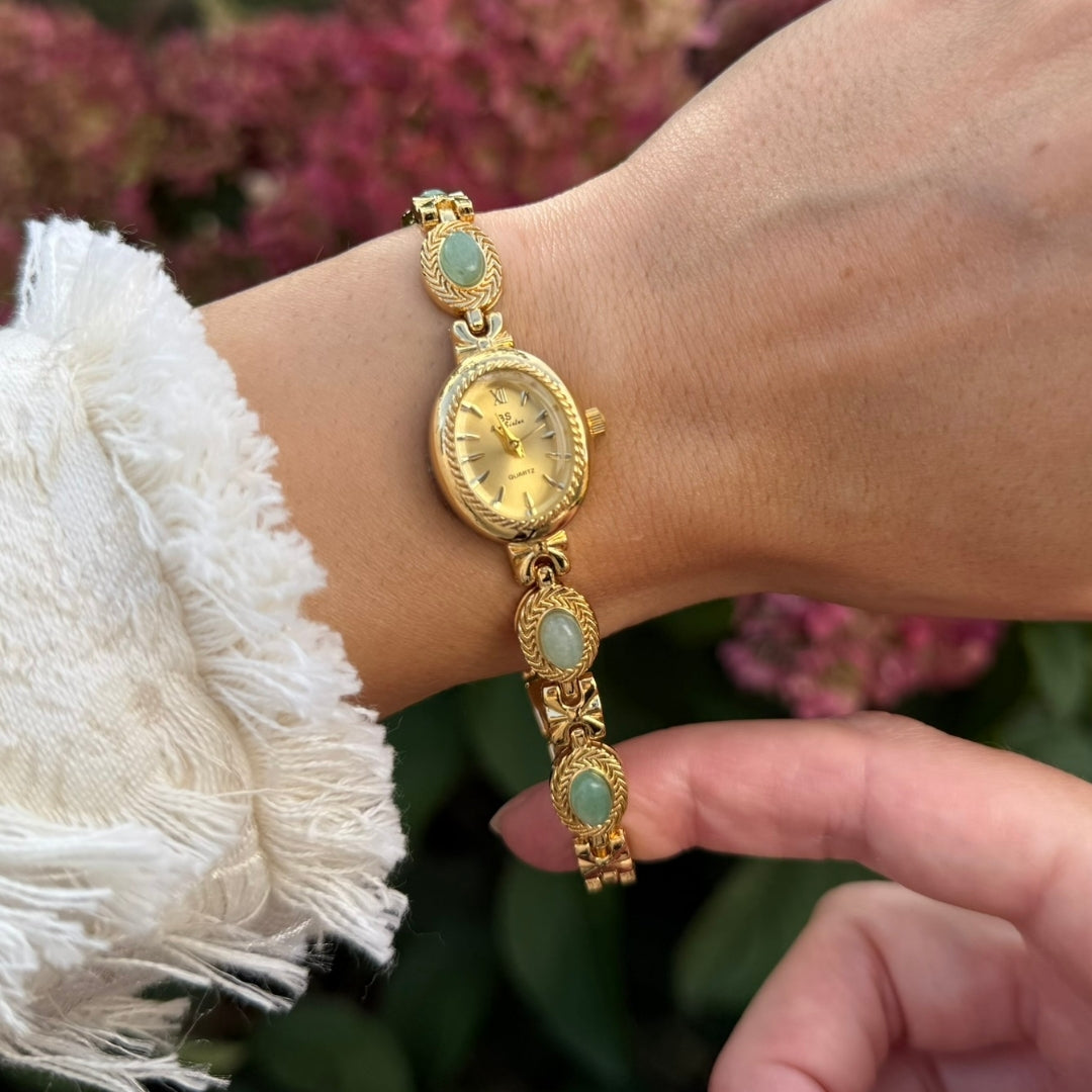 Gold Watch with Natural Jade
