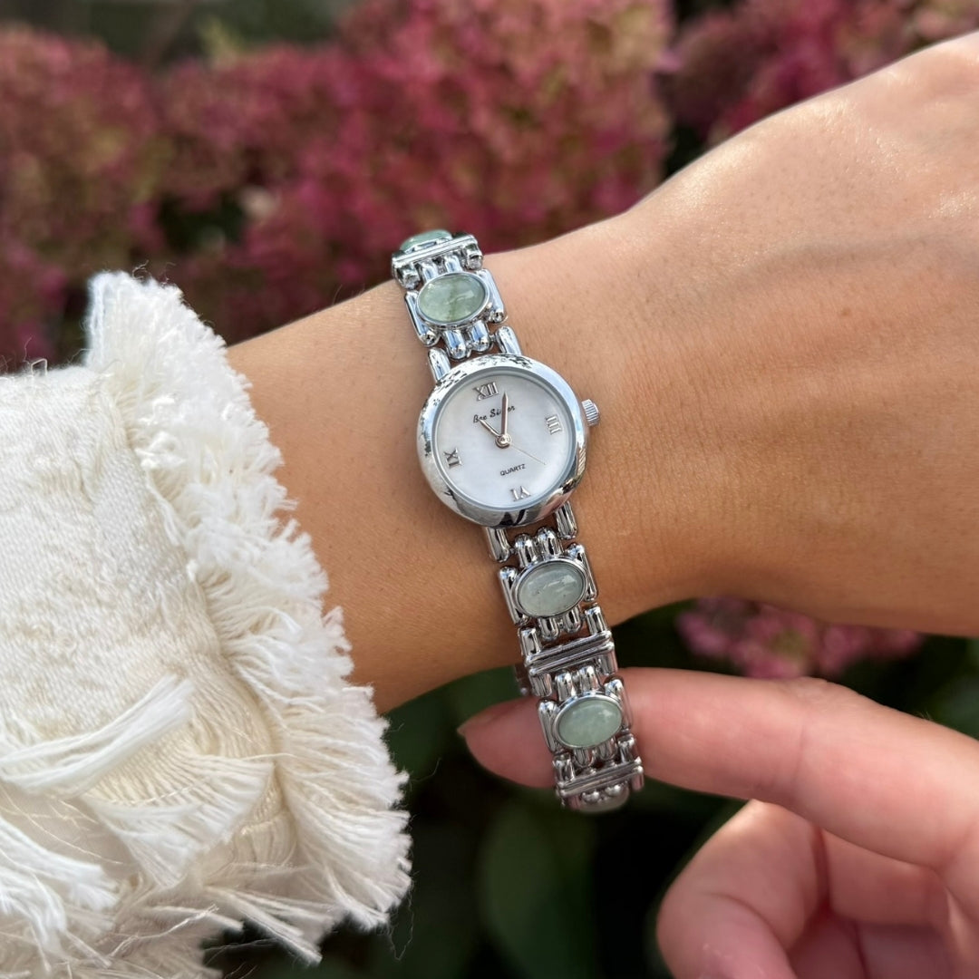 Silver Watch with Natural Jade