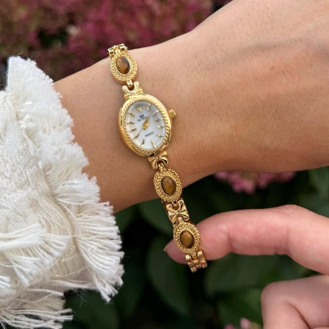 Gold Watch with Natural Tiger Eye