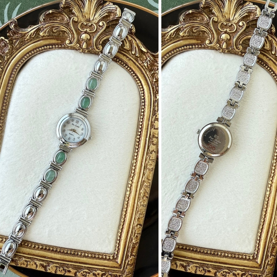 Silver Watch with Natural Jade