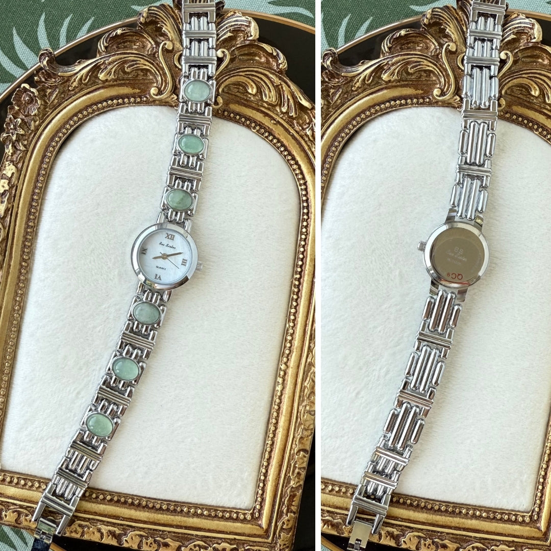 Silver Watch with Natural Jade