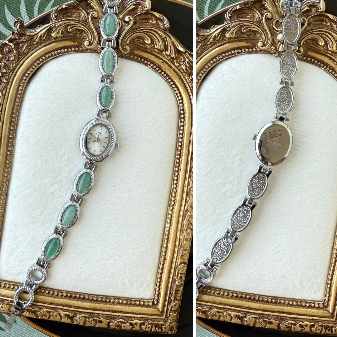Silver Watch with Natural Jade