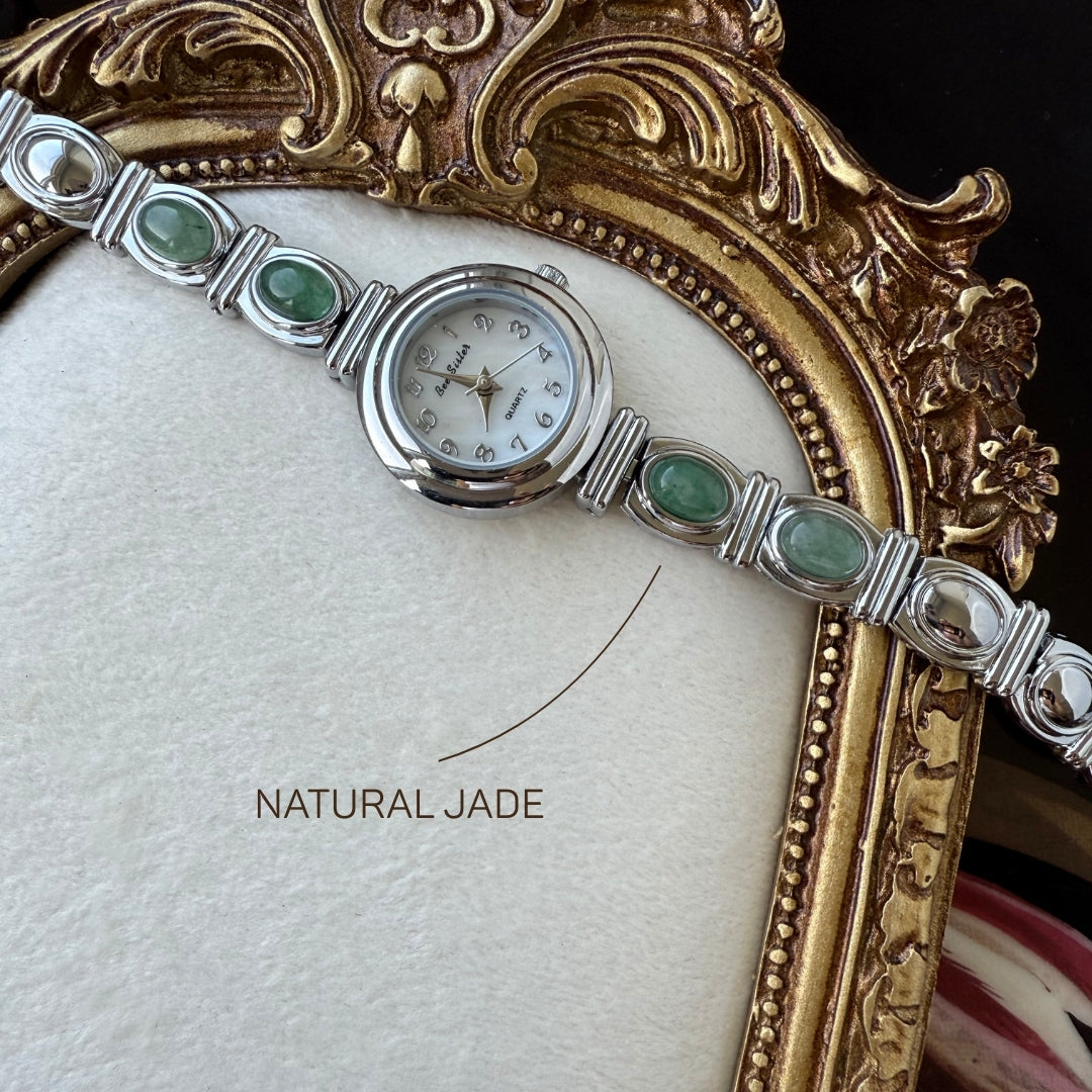 Silver Watch with Natural Jade