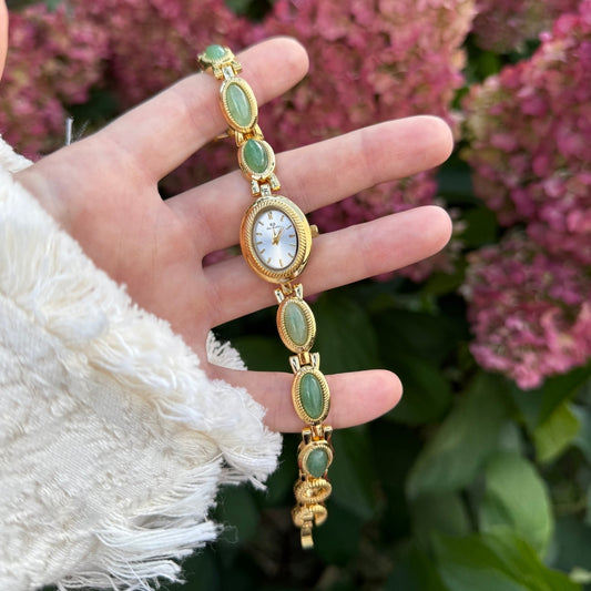 Gold Watch with Natural Jade