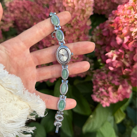 Silver Watch with Natural Jade