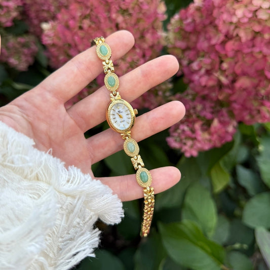 Gold Watch with Natural Jade