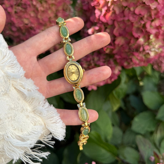 Gold Watch with Natural Jade