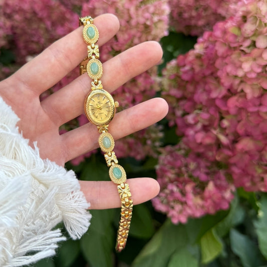 Gold Watch with Natural Jade