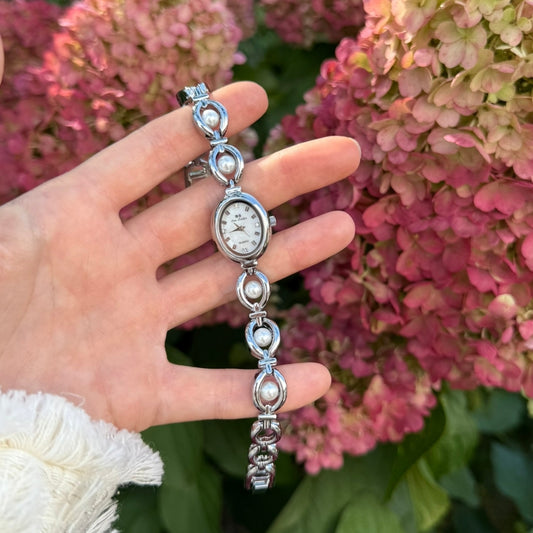 Silver Watch with Pearl
