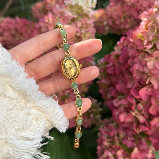 Gold Watch with Natural Jade