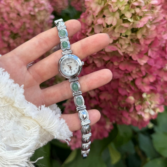 Silver Watch with Natural Jade