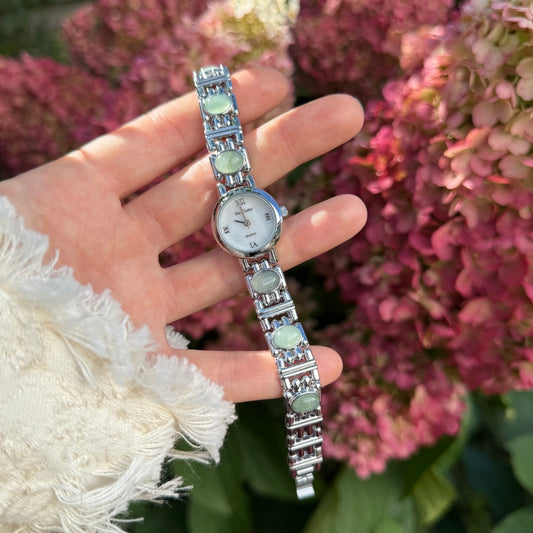 Silver Watch with Natural Jade