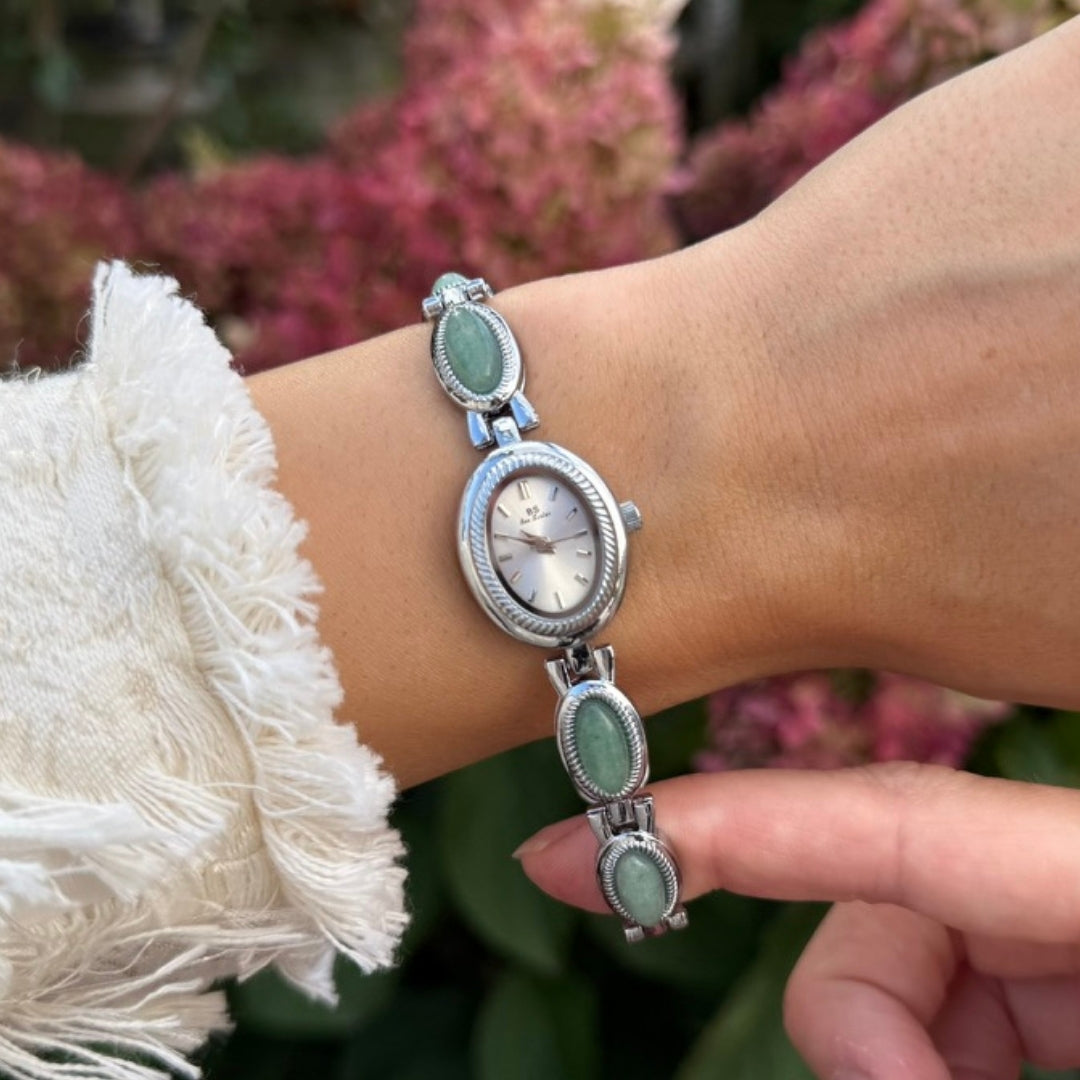 Silver Watch with Natural Jade
