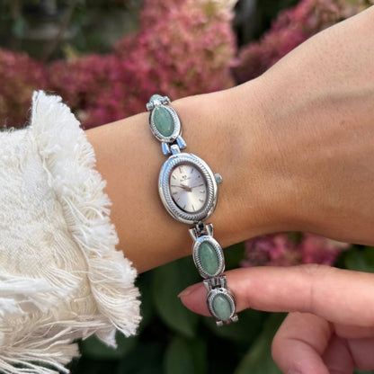Silver Watch with Natural Jade