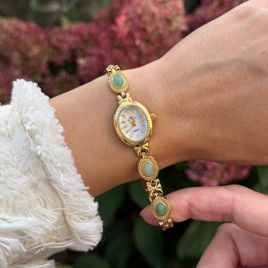 Gold Watch with Natural Jade
