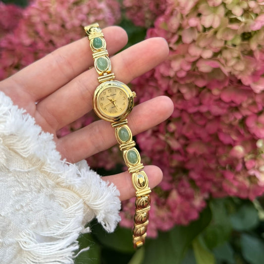 Gold Watch with Natural Jade