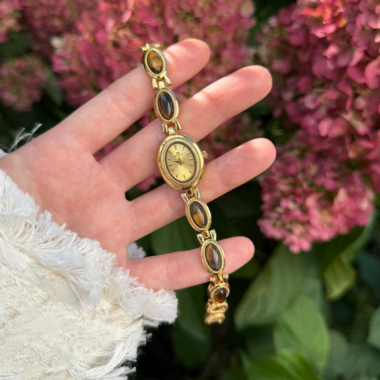 Gold Watch with Natural Tiger Eye