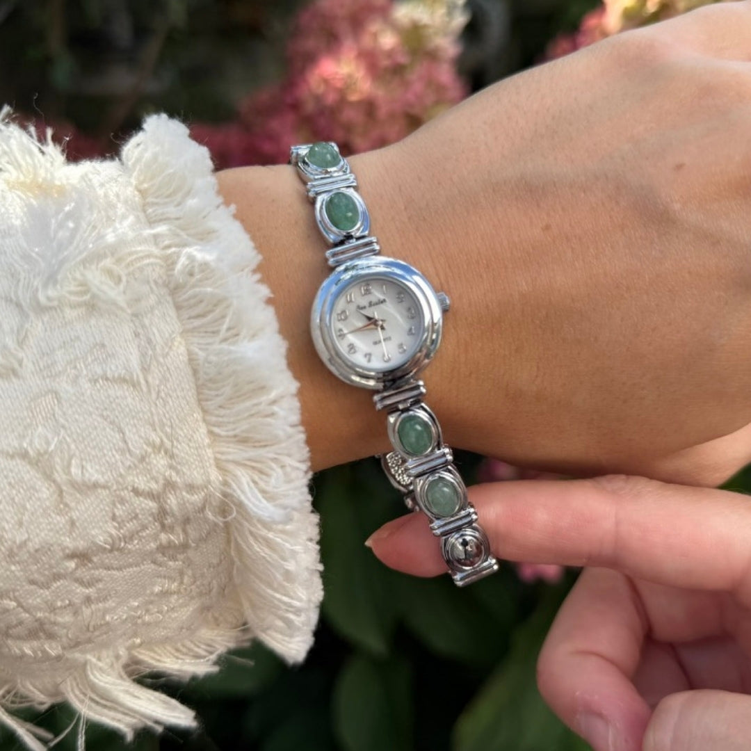 Silver Watch with Natural Jade