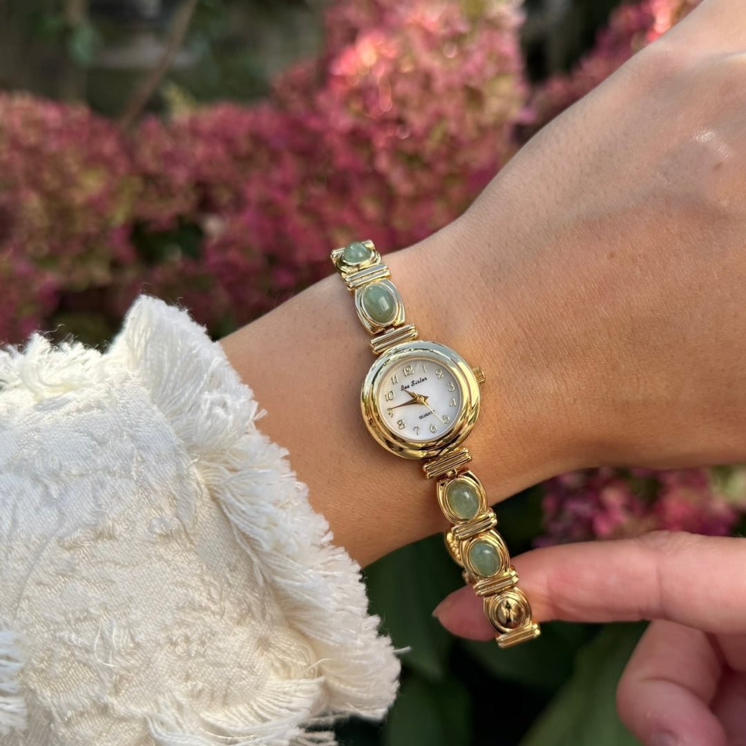 Gold Watch with Natural Jade