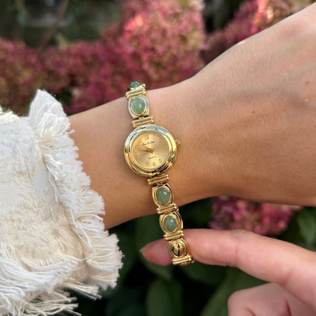 Gold Watch with Natural Jade